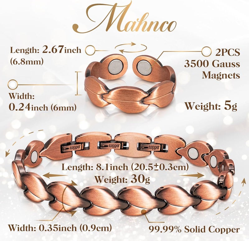 Mahnco Copper Bracelets for Women Lymph Detox Magnetic Bracelets, 100% Solid Pure Copper Bracelet with 3500 Gauss Magnets & Lymphatic Drainage Ring with Adjustment Tool - Image 4